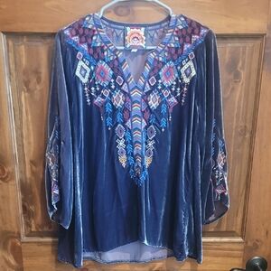 Johnny Was Navy Velvet Blouse with Colorful Embroidery